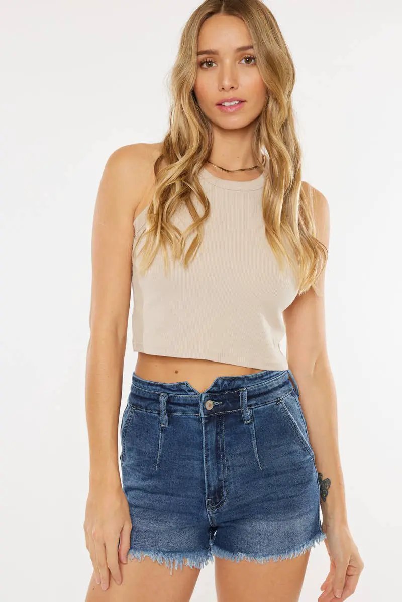 Kan Can USA KanCan HIGH RISE FRAYED HEM ZIP FLY DENIM SHORTS - Shorts