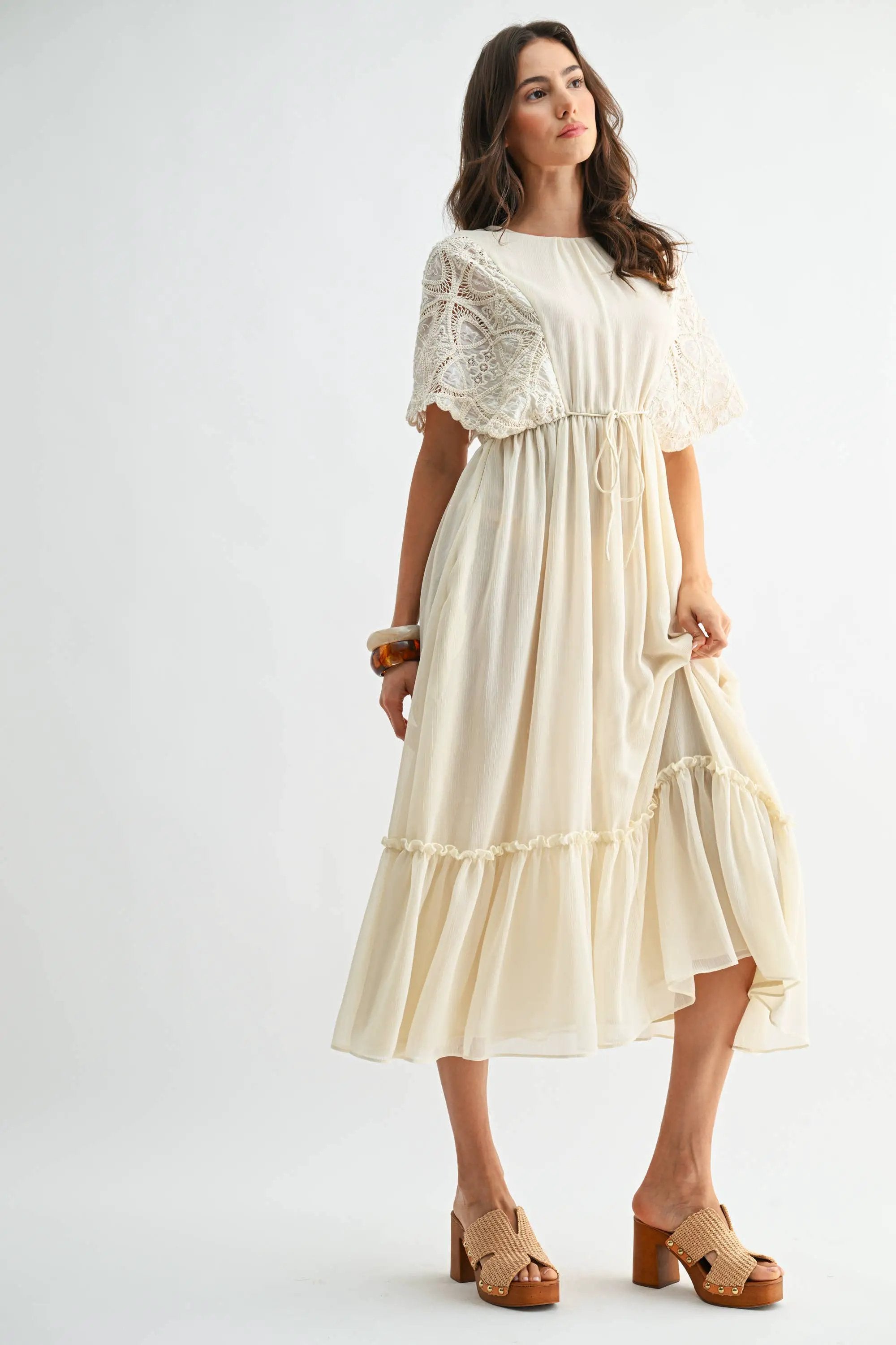 Camellia The Crochet Lace Short Sleeve Midi Dress: CREAM - Dresses