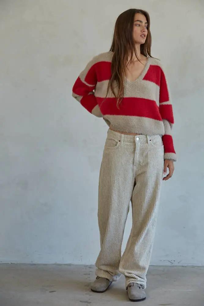 By Together Knit Sweater Nylon Polyester Striped V-Neck Pullover in Red & Taupe Stripe - Sweaters Knit Sweater Nylon Polyester Striped V-Neck Pullover