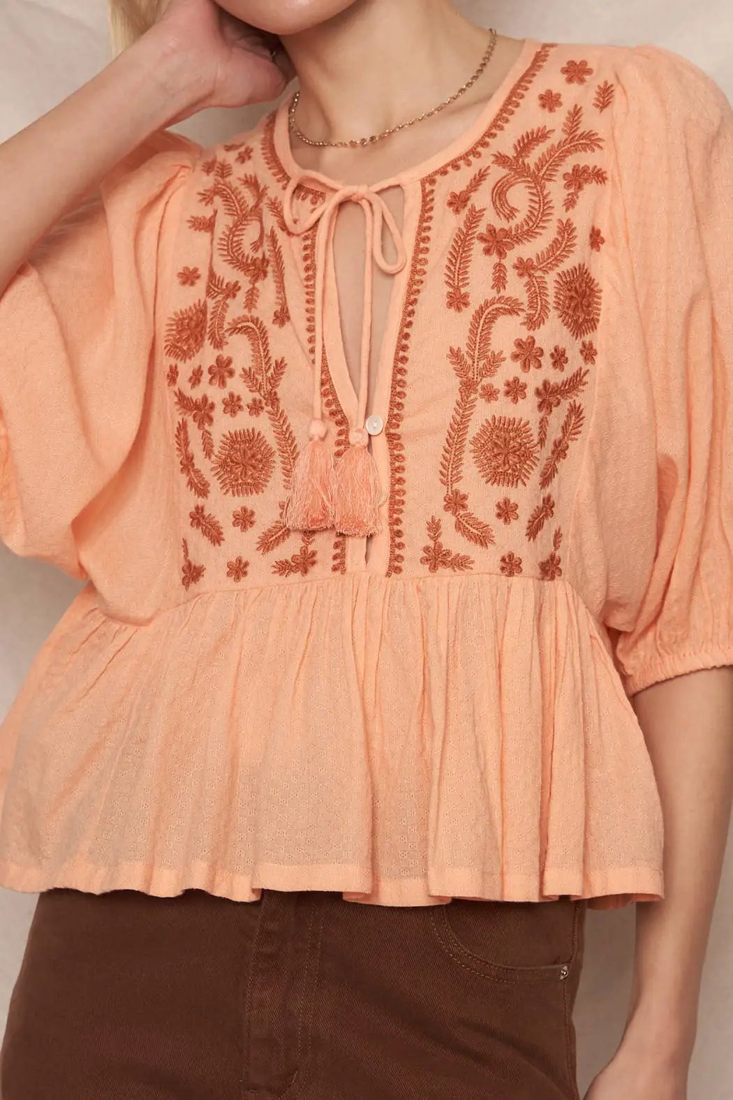 En Crème En Crème Coral & Rust Puff Sleeve Peplum Top with Embroidery Detail - Blouses Spring summer tops