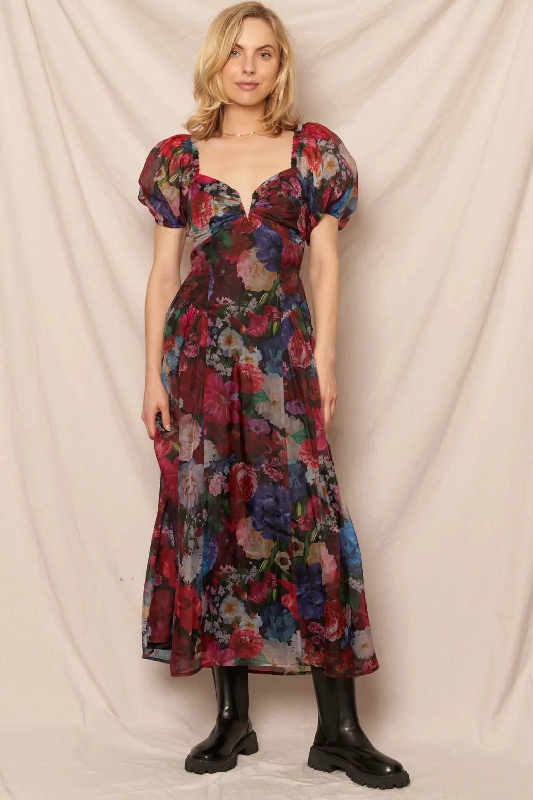 En Crème En Crème Black Multi Puff Sleeve Floral Midi Dress - Dresses