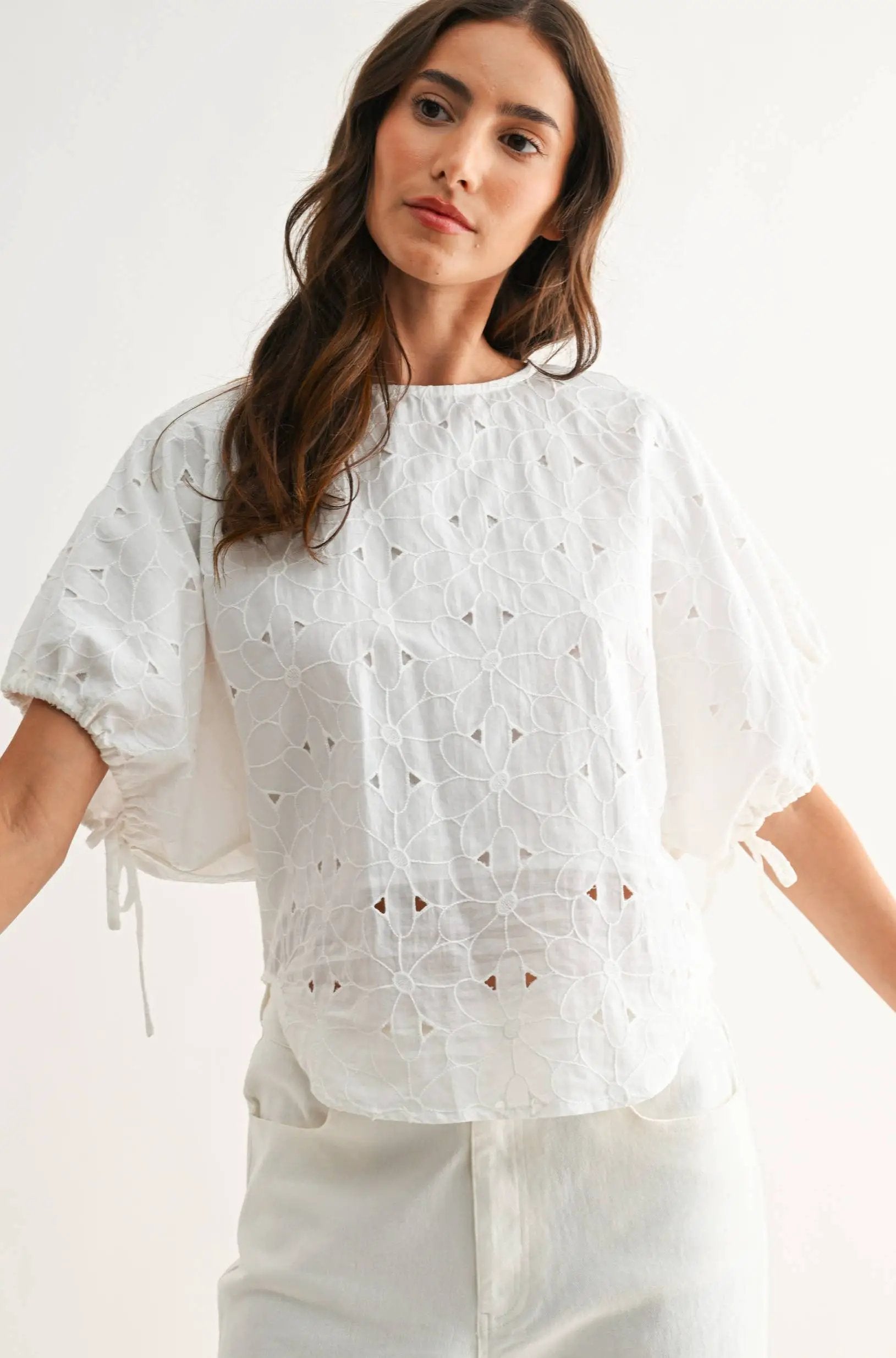 Camellia The Heirloom Stitch Floral Eyelet Cotton Top – Off White - Blouses