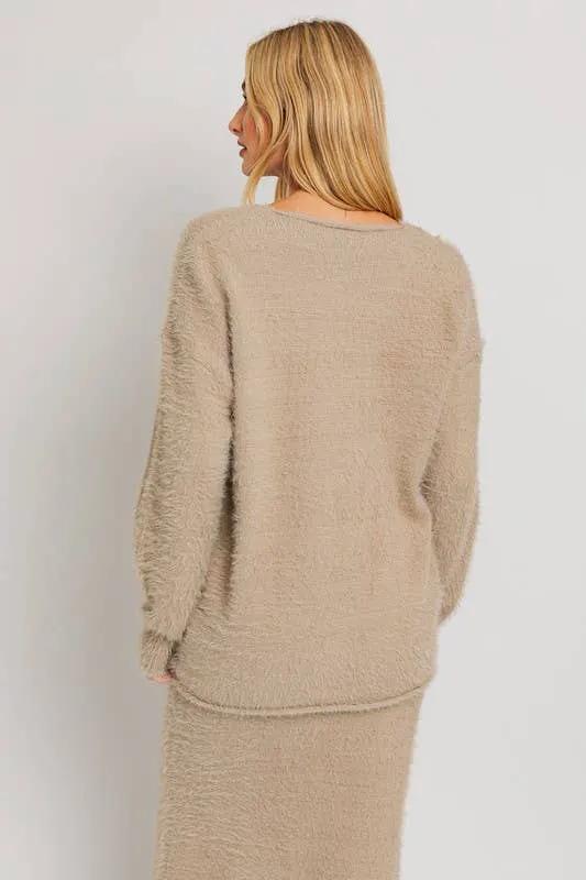 Le Lis Ballon Sleeve V-Neck Fuzzy Sweater - Matching Skirt Available - Sweaters
