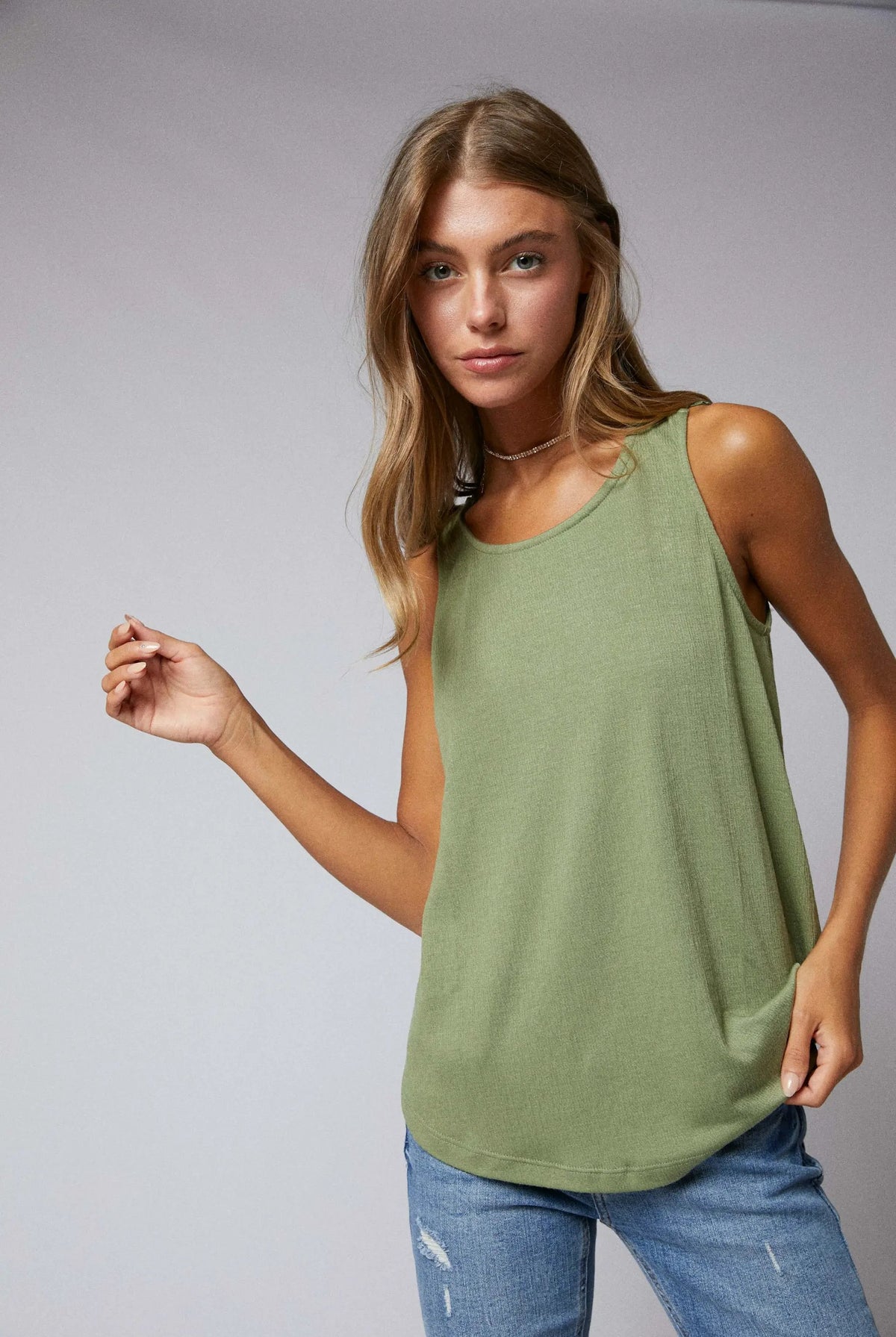 Cerule Sleeveless Back Lace Patch Crinkle Knit Swing Top - Tank Tops