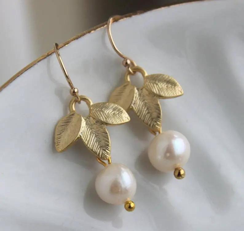 Laalee Jewelry Gold Freshwater Pearl Leaf Earrings - Earrings