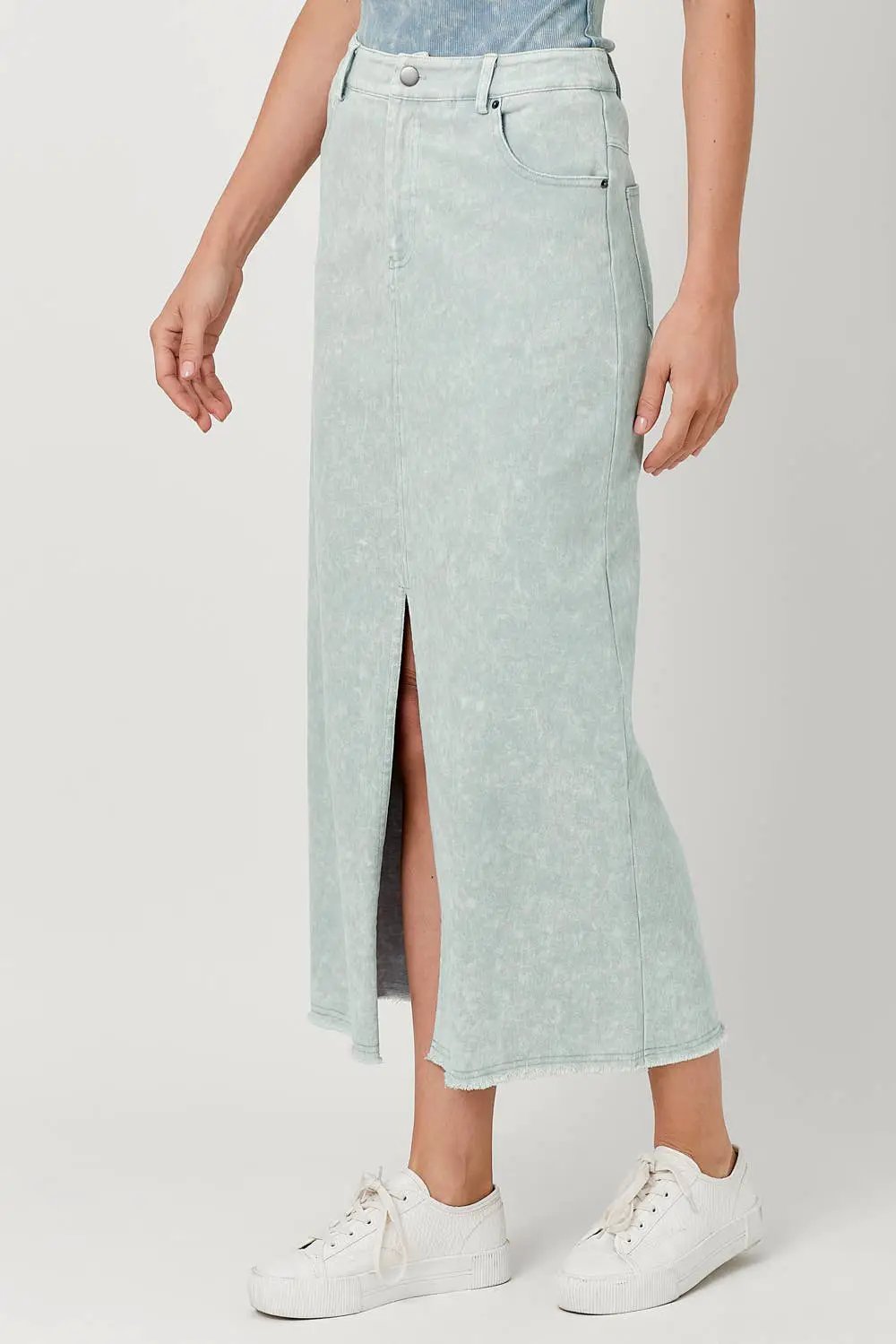 Mystree Mystree - Coastal Cool Ice Blue Washed Front Slit Midi Skirt - Skirts