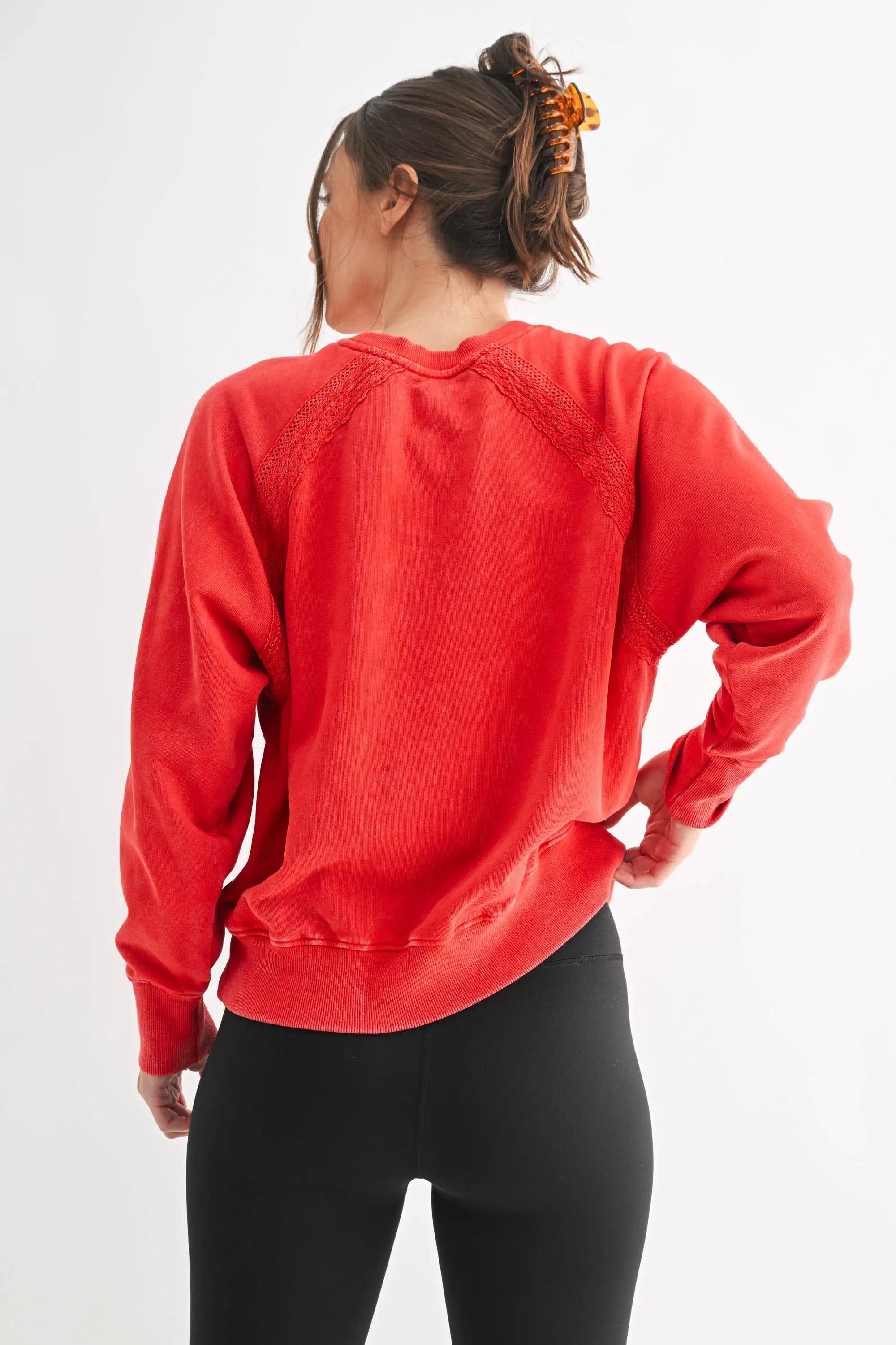 Mono B The Soft Bloom Mineral Wash Lace Crewneck Pullover: Glazed Cherry - Sweatshirts