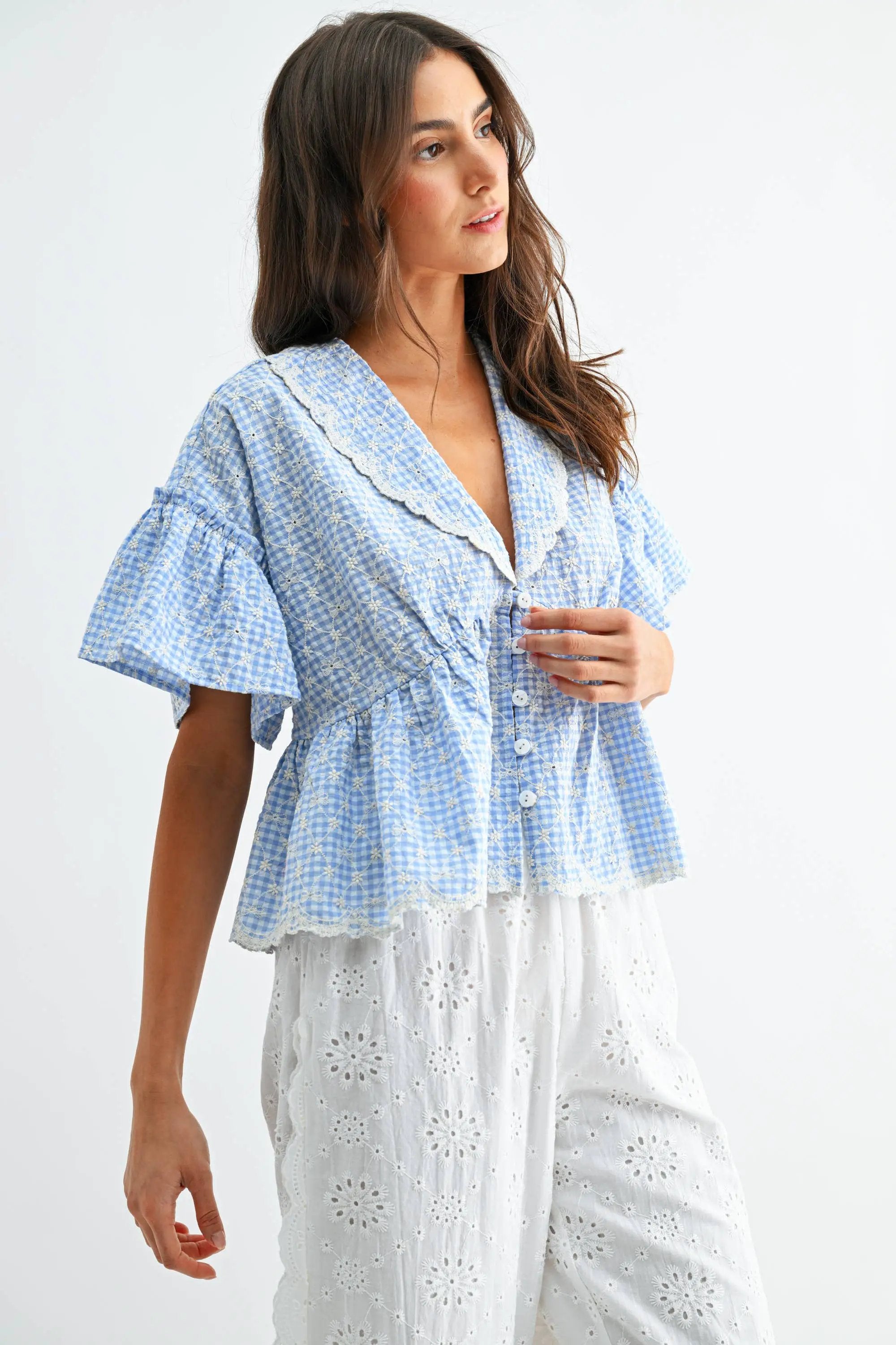 Camellia The Blue Gingham Embroidered Peplum Blouse - Blouses