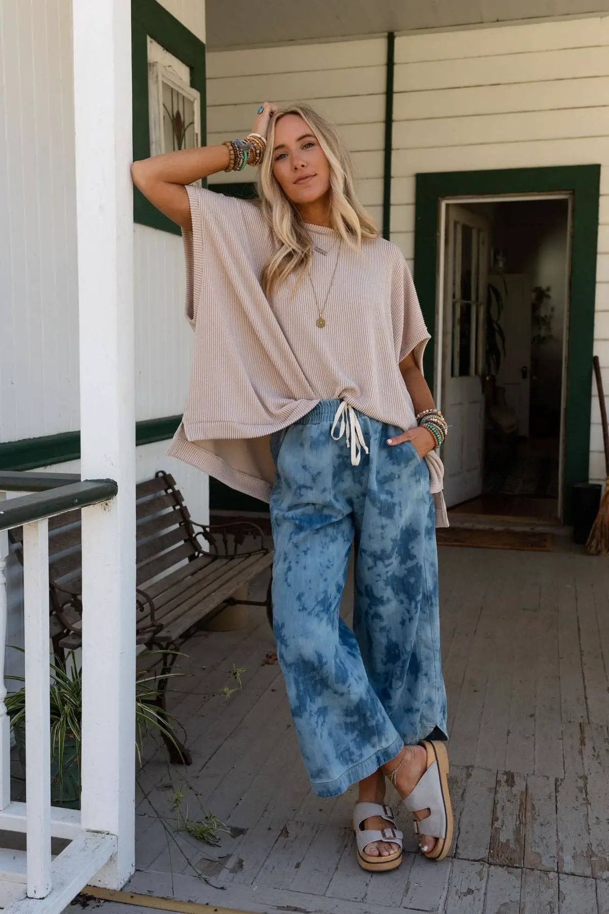 Three Bird Nest Three Bird Nest - So Comfy Wide Leg Cropped Pant - Bleach Dye Denim - Pants