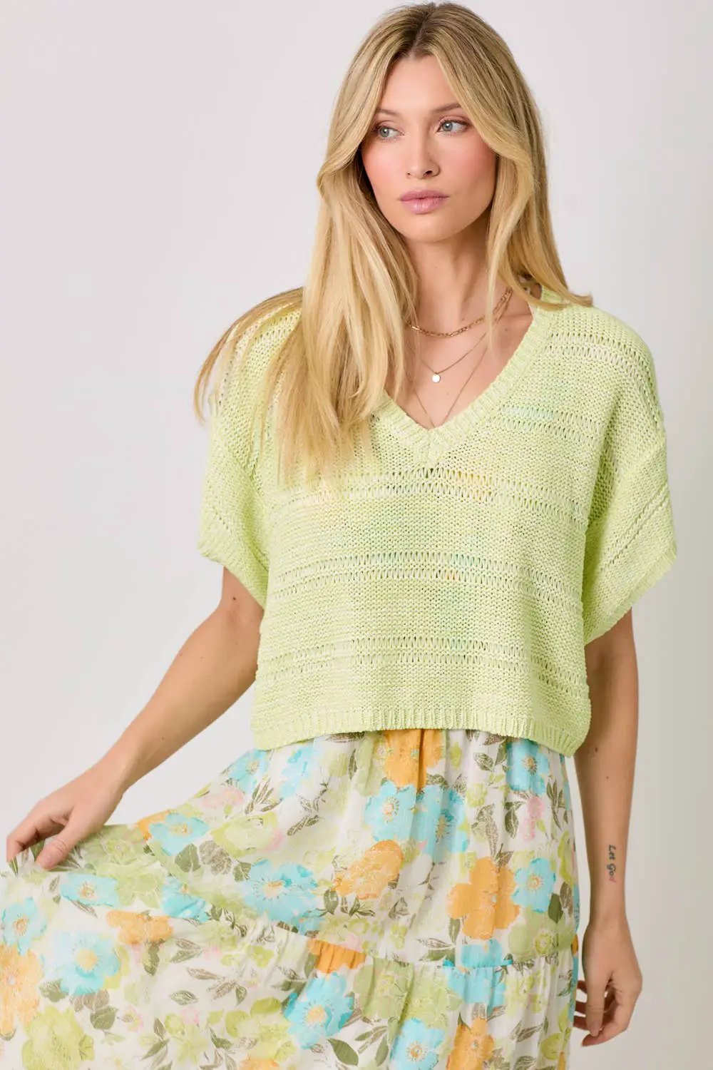 Mystree Mystree - Pistachio Melange Relaxed Sweater - Sweaters