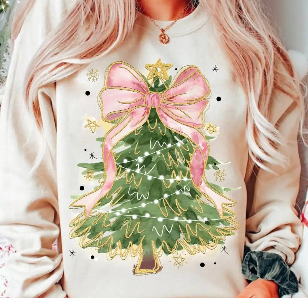 Peach Closet Peach Closet - Christmas Tree With Pink Bow T-Shirt or Crew Sweatshirt in Natural - Sweatshirts Christmas Tree With Pink Bow T-Shirt or Crew Sweatshirt