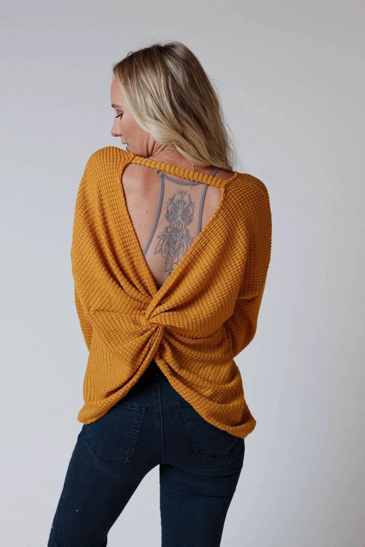 Three Bird Nest Three Bird Nest - Flattering Open Back Fall Thermal Knit Top in Mustard - Sweaters Three Bird Nest - Flattering Open Back Fall Thermal Knit Top in Mustard