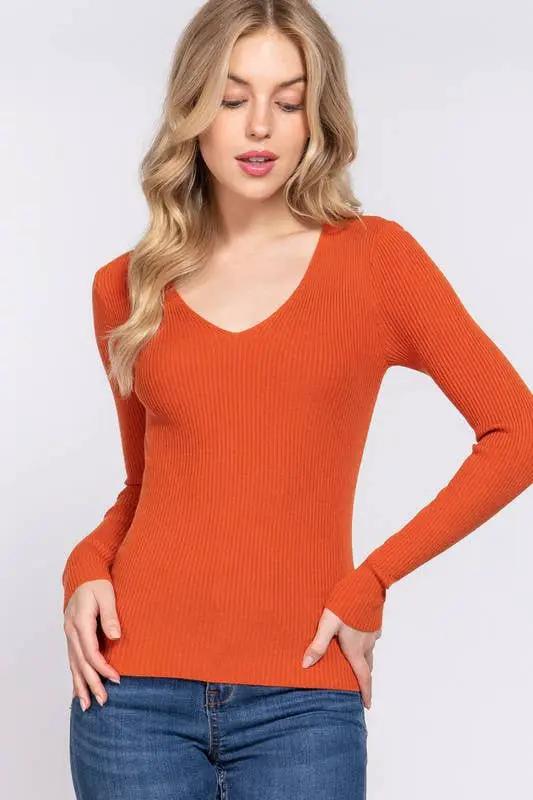 Active Basic | Active USA Autumn Glow Ribbed Viscose V-Neck Sweater - Sweaters
