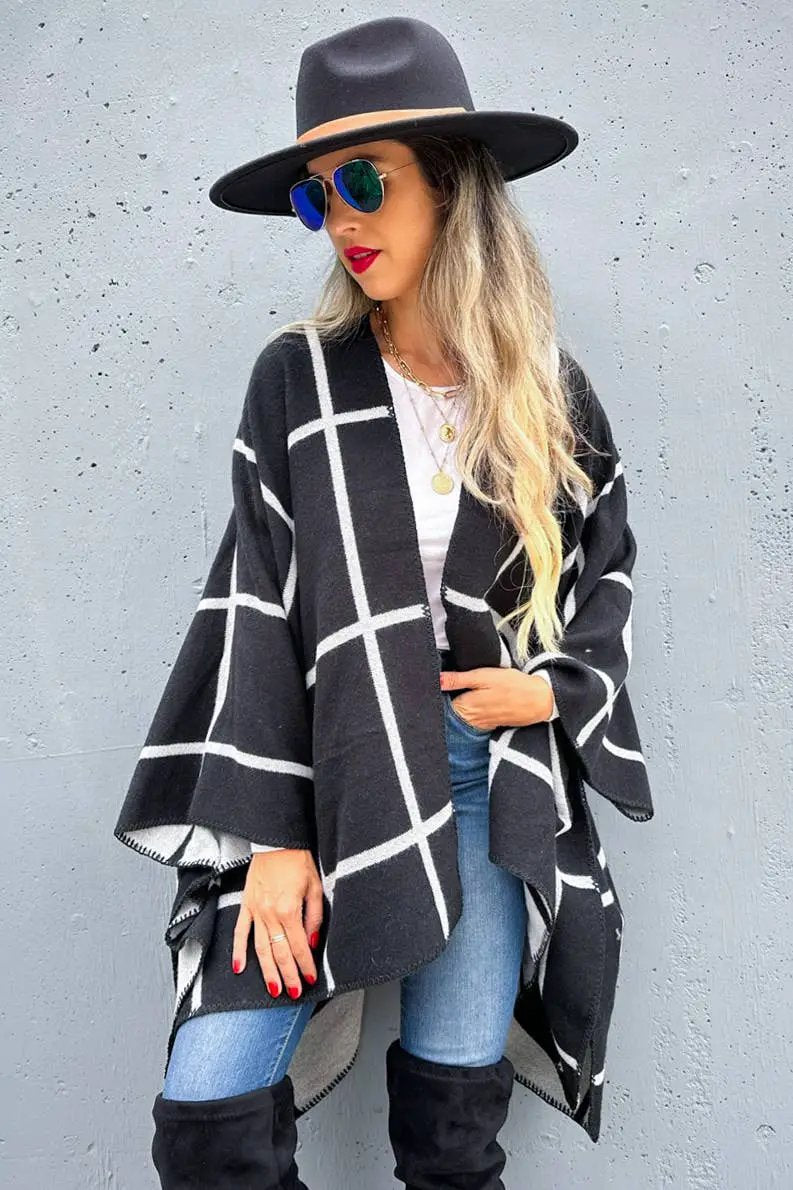 AMOLI AMOLI - Black Grey Dual-Tone Check Printed Cozy Reversible Ruana - Cardigans