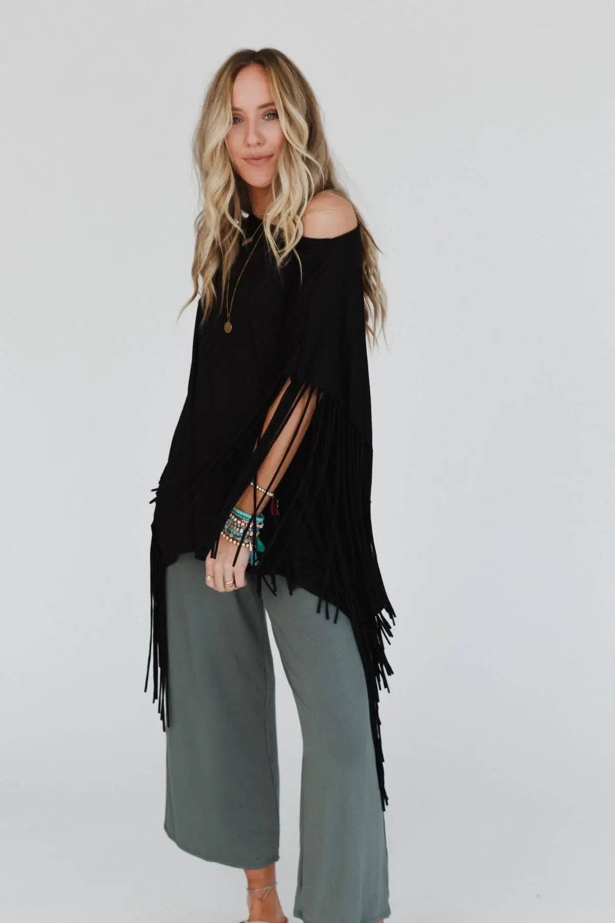 Three Bird Nest Three Bird Nest - Western Showstopper Fringe Top - Black - Blouses