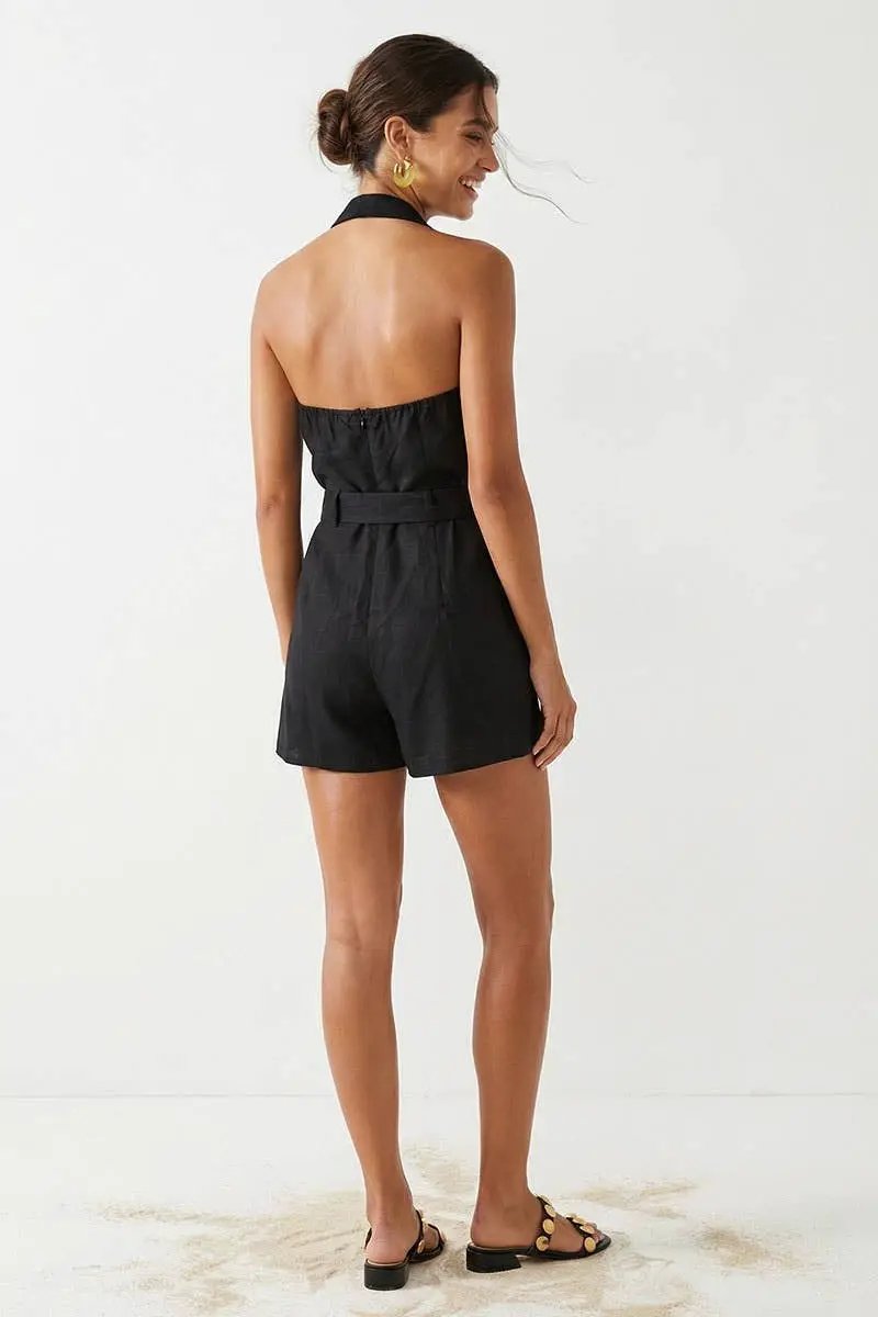 Naked Zebra The Belted Linen Halter Romper: Black - One-Pieces