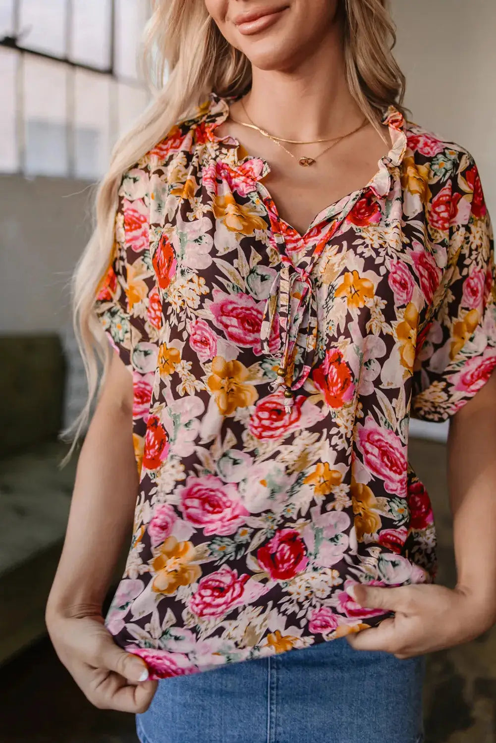 1 the Woman Rosé Garden Crewneck Blouse - Blouses Floral Print Crew Neck Short Sleeve Shift Blouse