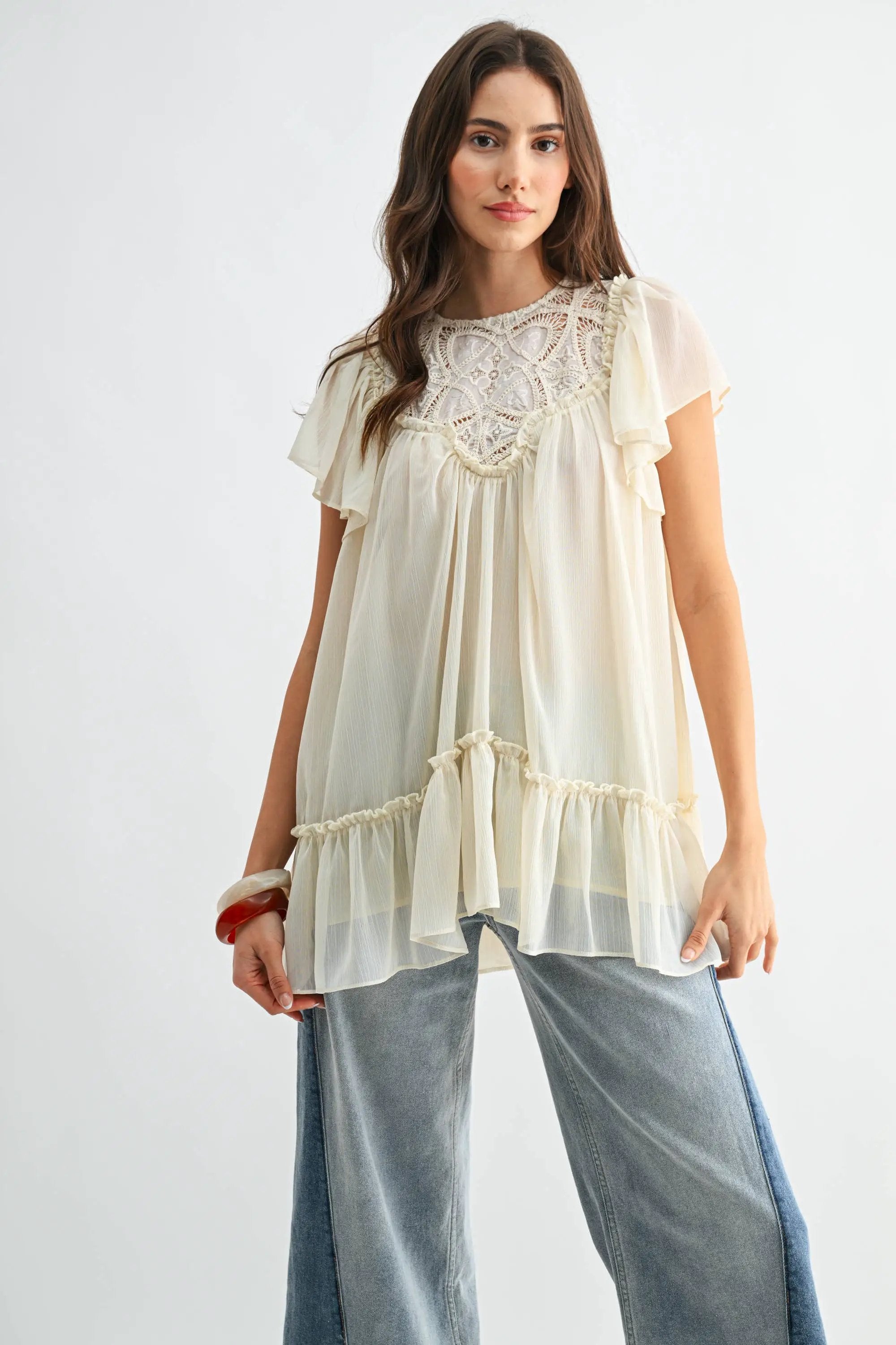 Camellia The Sheer Lace Yoke Ruffle Sleeve Blouse: CREAM - Blouses