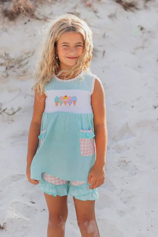Adorable Sweetness Kids Pastel Ice Cream Gingham Ruffle Spring Summer Short Set - Outfit Sets