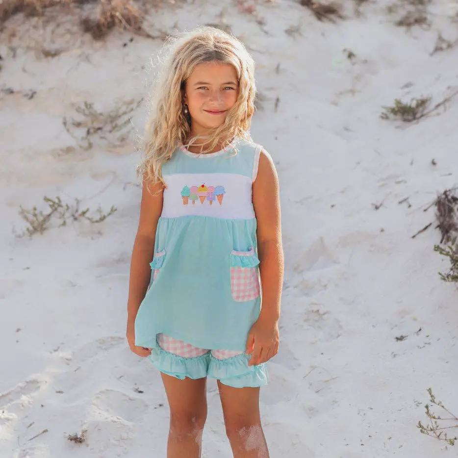 Adorable Sweetness Kids Pastel Ice Cream Gingham Ruffle Spring Summer Short Set - Outfit Sets