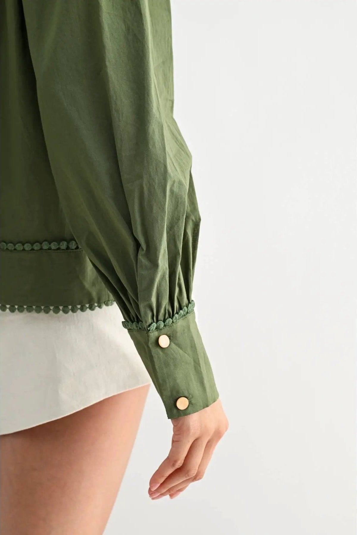Camellia Camellia - EMBROIDERED OLIVE PUFF SLEEVE BLOUSE WTIH TRIM: OLIVE GREEN / S-M-L(3-2-1) -