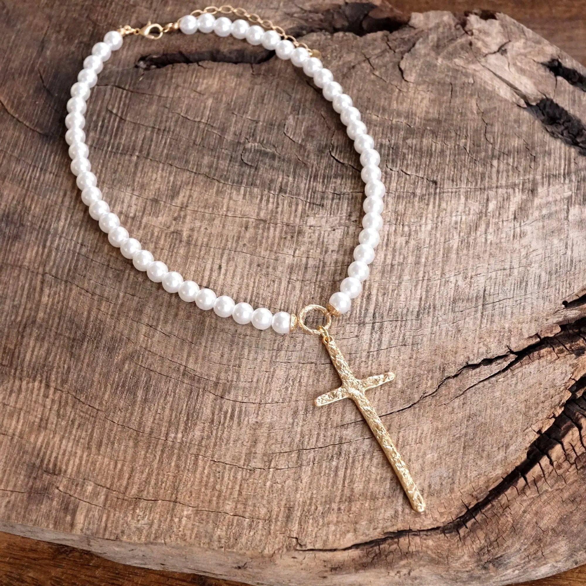 PennyLine inc The Primitive Cross Pearl Necklace - Jewelry primitive cross necklace gold pearl turquoise beads
