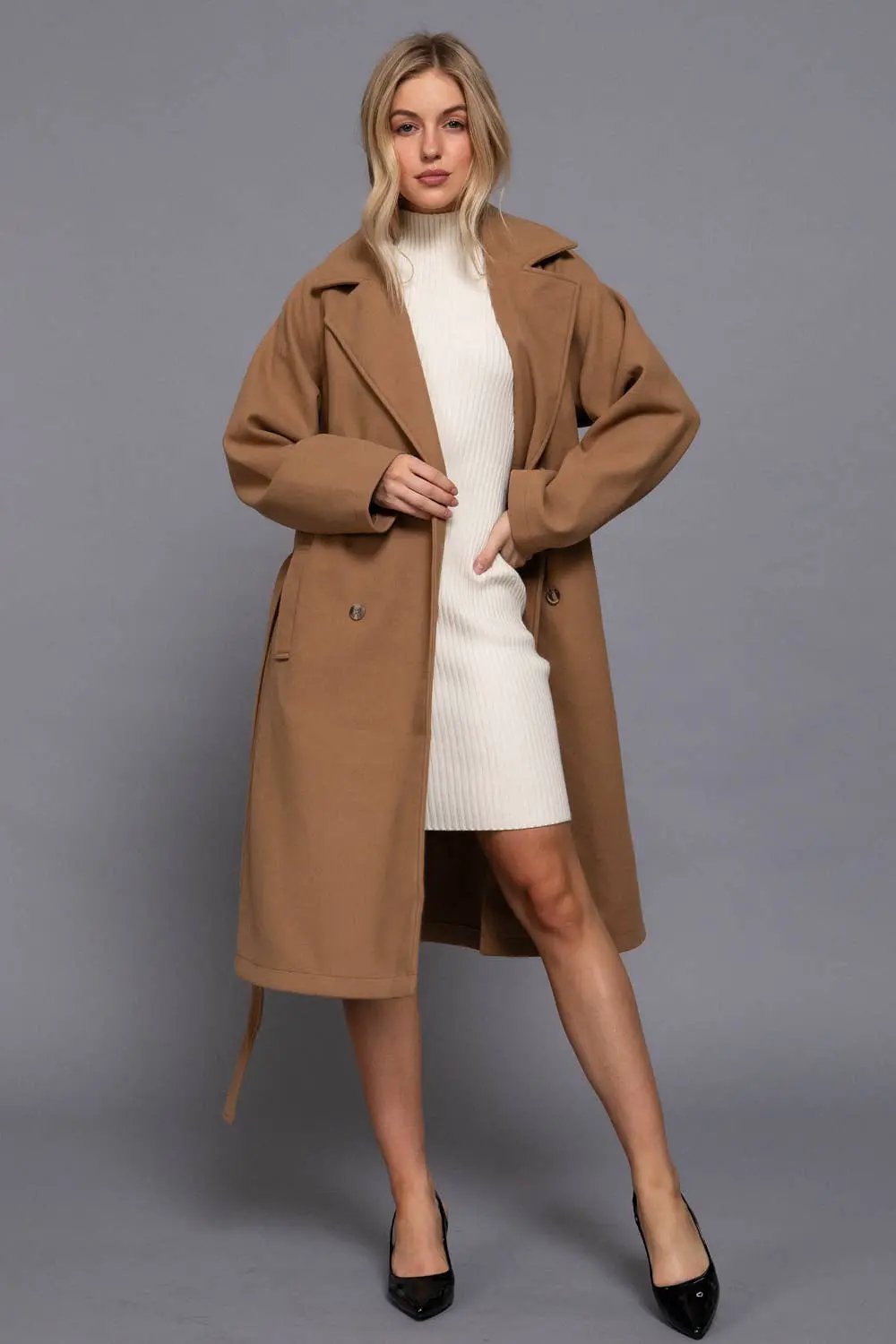 Active Basic | Active USA Active Basic | Active USA - Long Sleeve Double Breasted Button Soft Felt Trench Coat in Camel - Trench Coats Long Sleeve Double Breasted Button Soft Felt Trench Coat