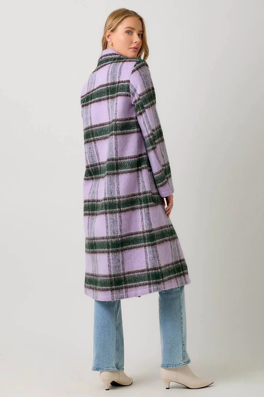 Mystree Mystree - Lavender Grove Fuzzy Plaid Long Coat - Overcoats
