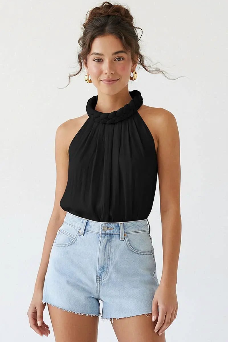 Naked Zebra The Soft Elegance Braid Neck Top: Black - Blouses