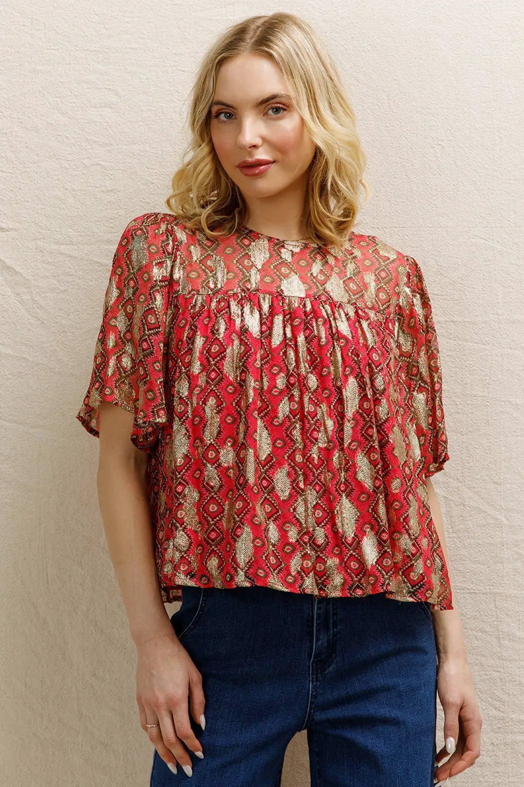 En Crème En Crème Pink Multi Short Sleeve Lurex Spotted Blouse - Blouses