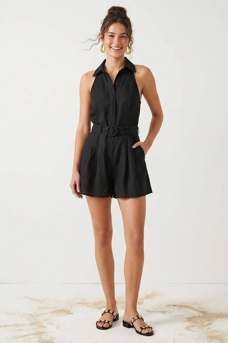 Naked Zebra The Belted Linen Halter Romper: Black - One-Pieces