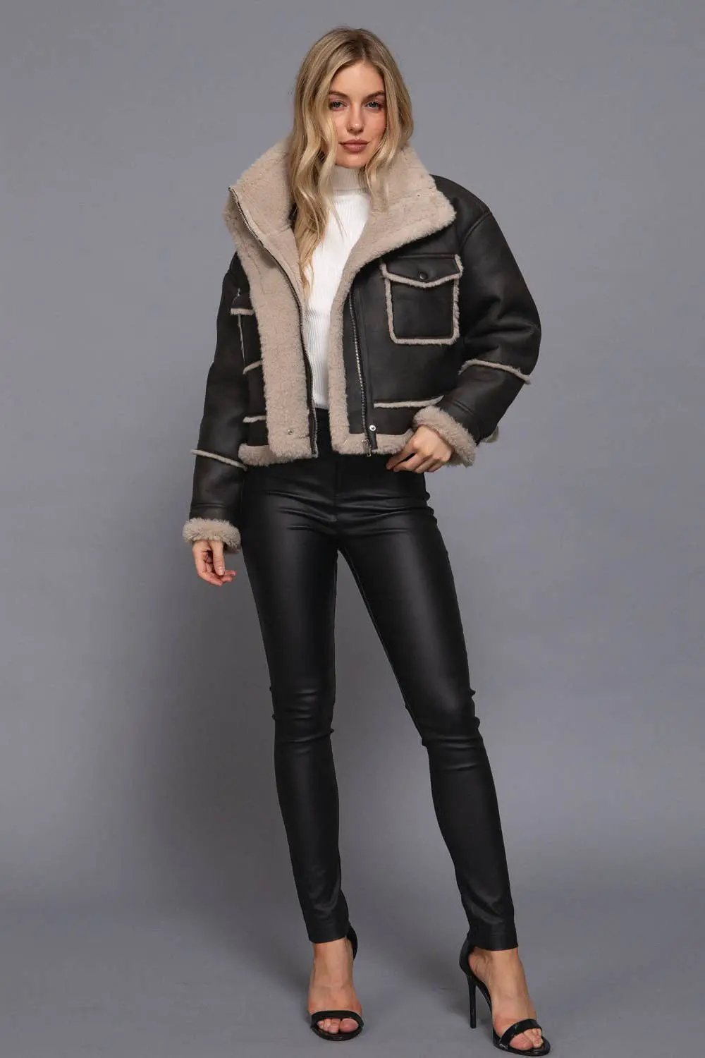 Active Basic | Active USA Active Basic | Active USA - Black Long Sleeve Pocket Detail Faux Leather Inner Fur Jacket - Bomber Jackets