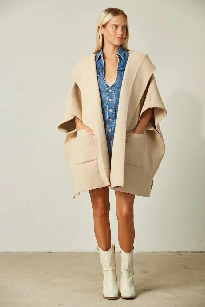 WISTERIA LANE Wisteria Lane - Beige Soft Brushed Oversized Knit Poncho - Wrap Coats