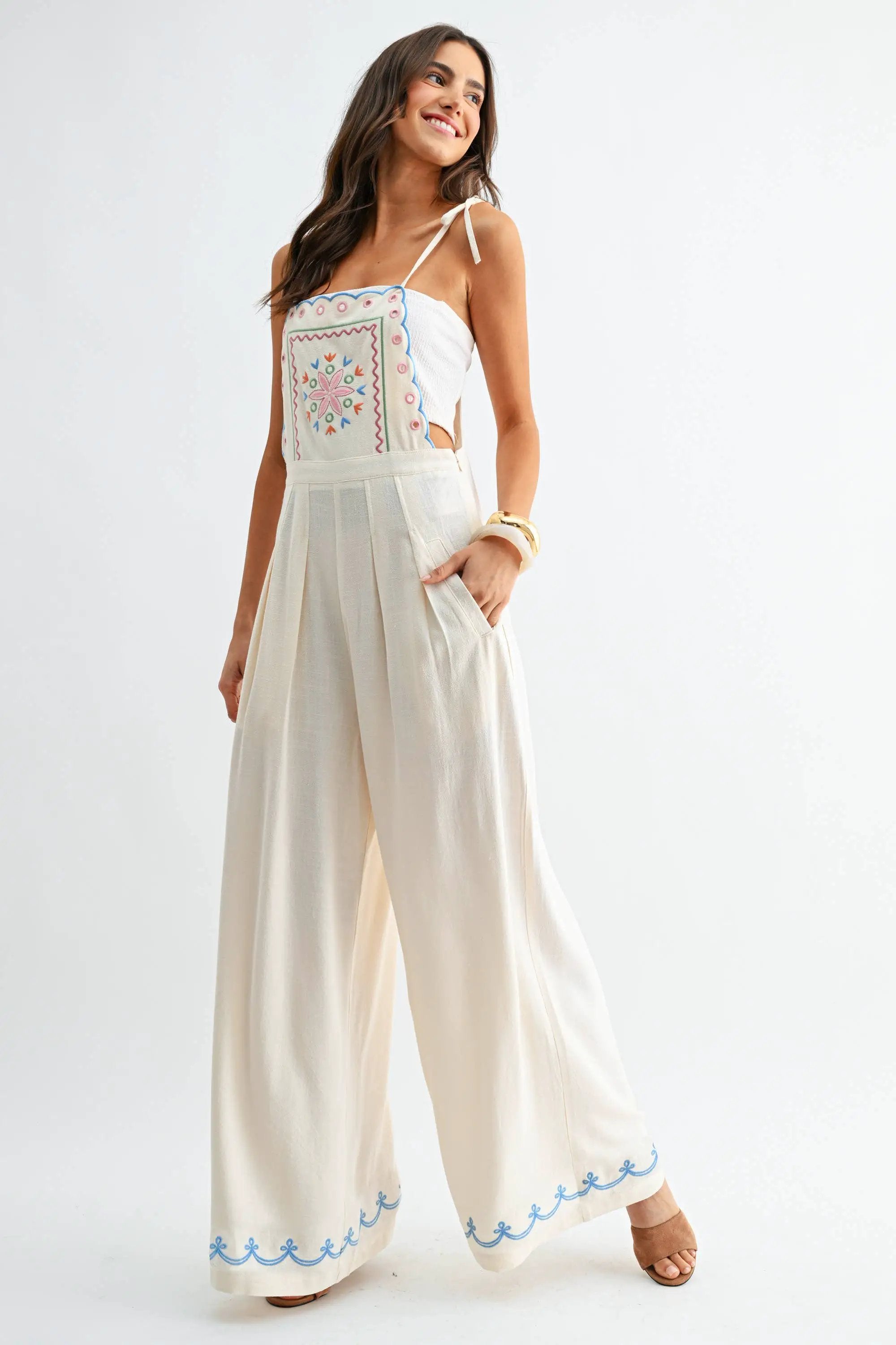 Camellia The Embroidered Wide-Leg Jumpsuit: CREAM - One-Pieces