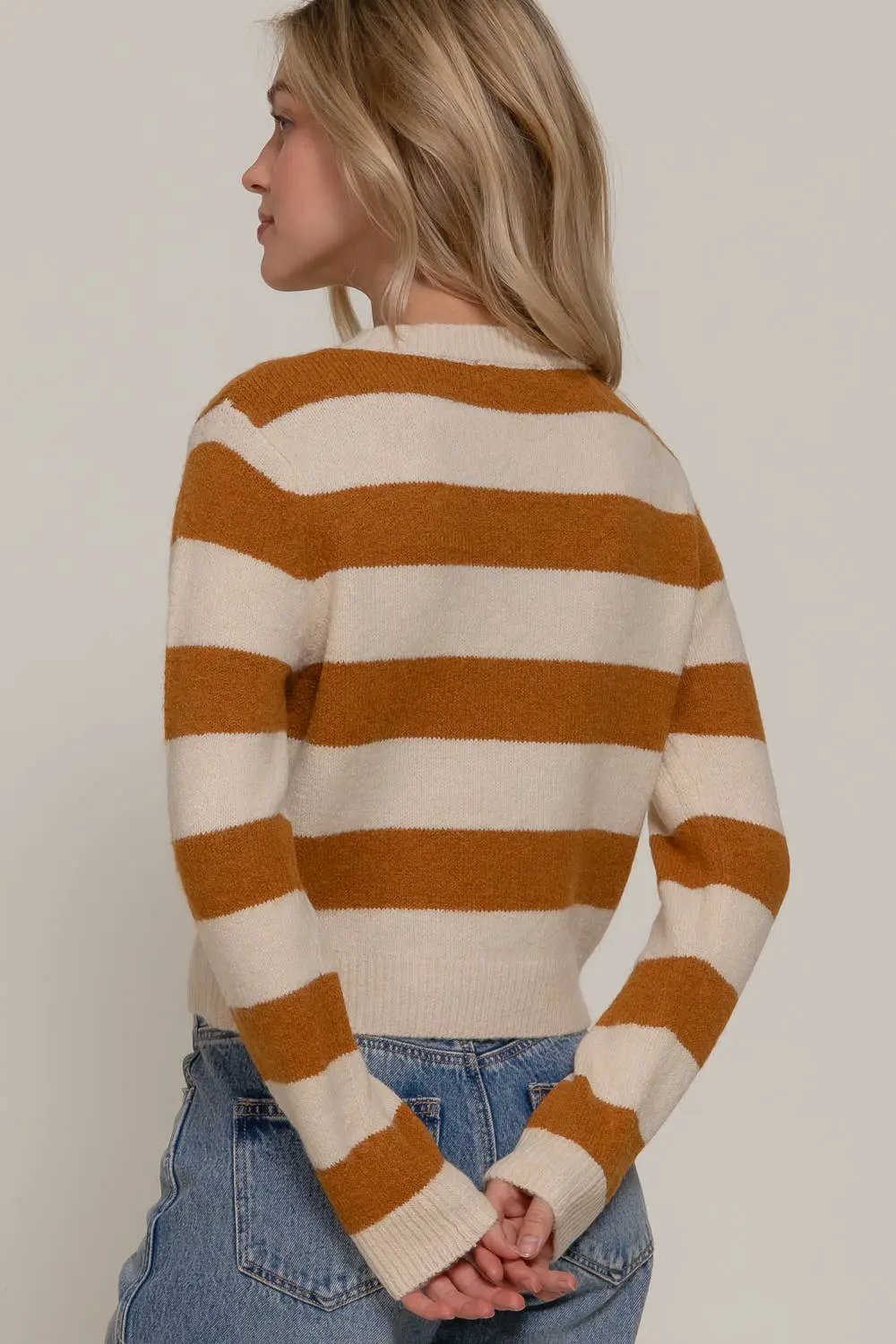 Active Basic | Active USA Active Basic | Active USA - Long Sleeve Crew Neck Stripe Sweater: Camel/Ivory - Sweaters tops-sweaters