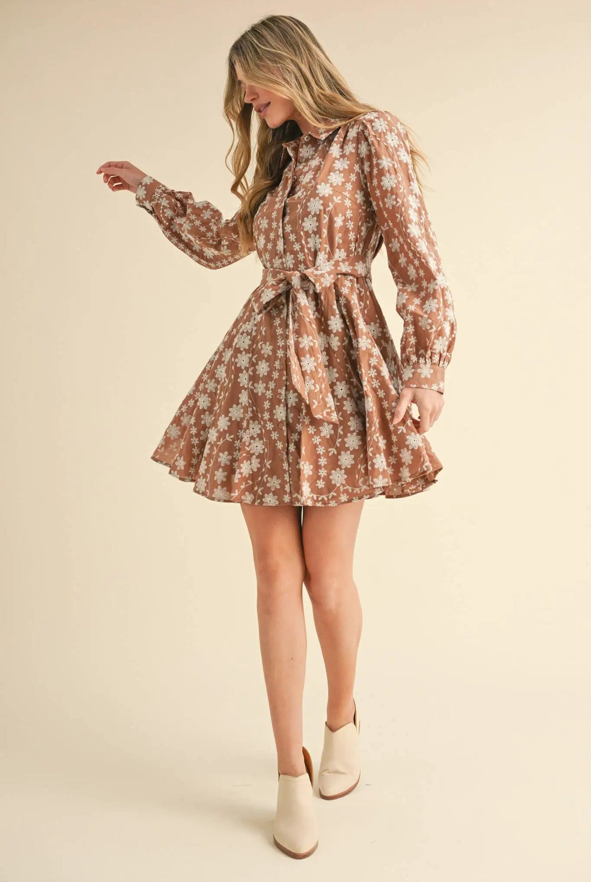 &MERCI &merci - Intricate Floral Embroidery Button Down Flared Mini Dress in Dark Amber - Dresses