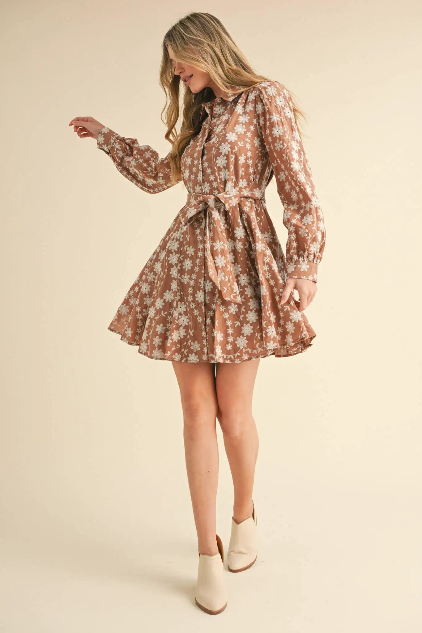 &MERCI &merci - Intricate Floral Embroidery Button Down Flared Mini Dress in Dark Amber - Dresses