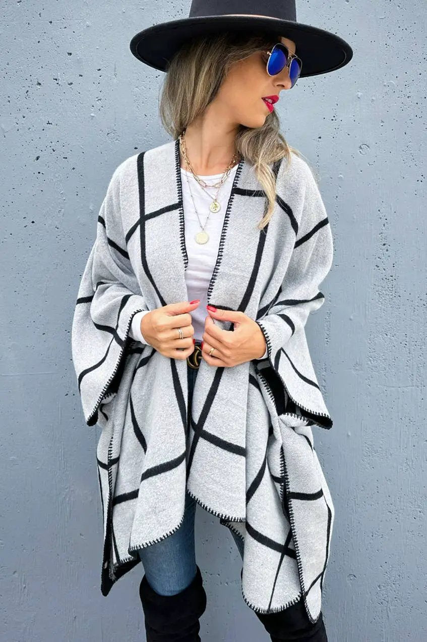 AMOLI AMOLI - Black Grey Dual-Tone Check Printed Cozy Reversible Ruana - Cardigans