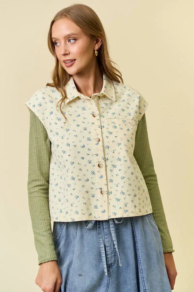 Doe and Rae The Ditsy Floral Button Front Cotton Twill Vest - Vests