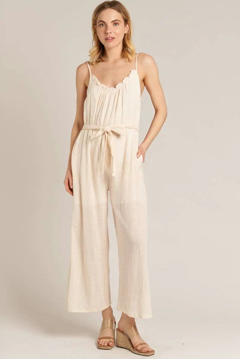 En Crème En Crème Cream Sleeveless Belted Jumpsuit - One-Pieces cream belted jumpsuit