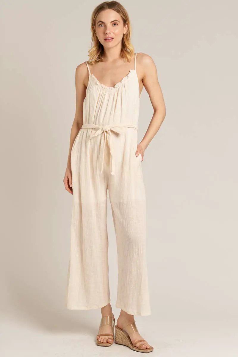 En Crème En Crème Cream Sleeveless Belted Jumpsuit - One-Pieces cream belted jumpsuit