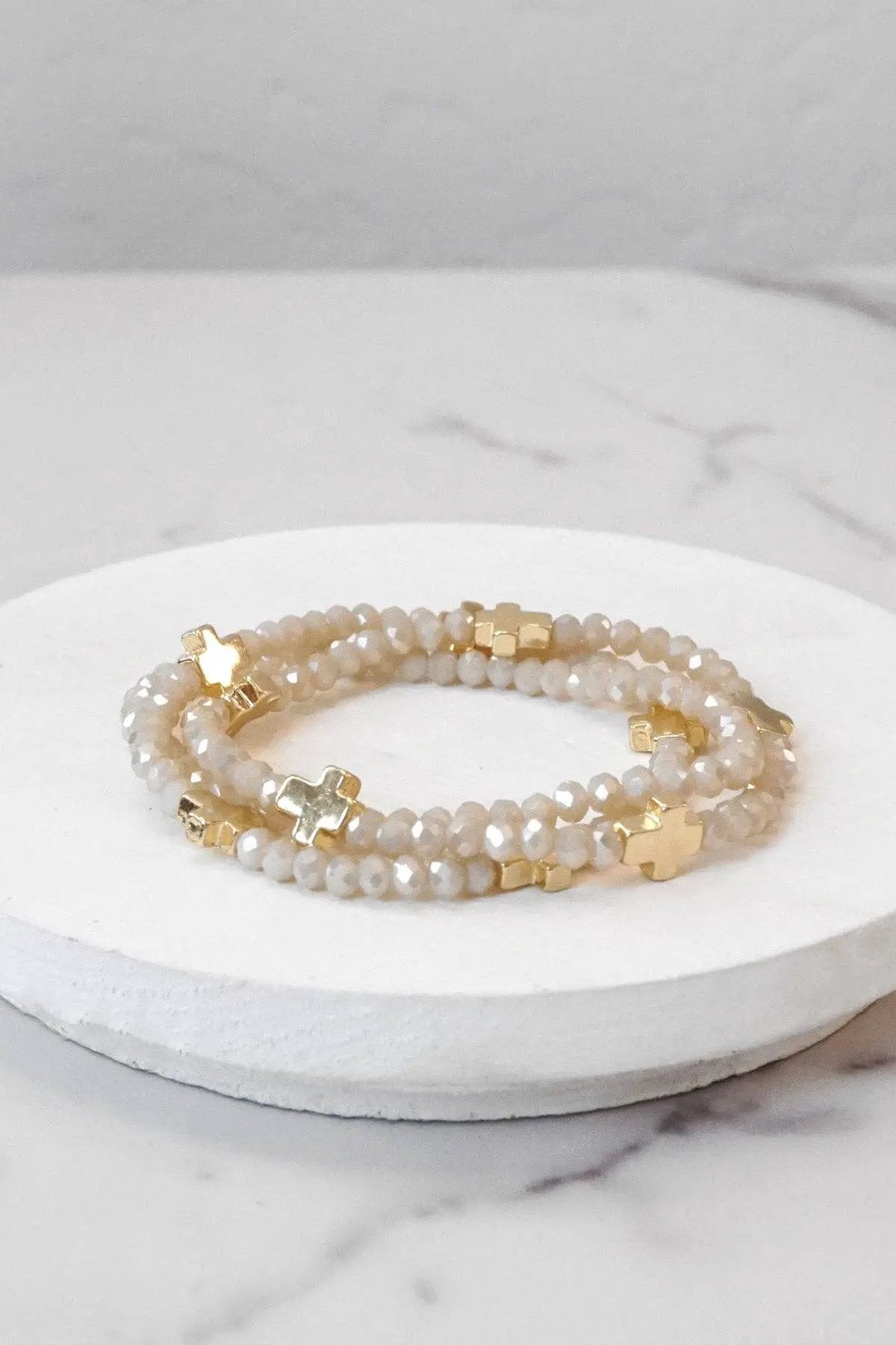PennyLine inc Mini Sideways Cross Bracelet stack Glass and gold metal beads: Ivory - Jewelry mini sideways cross bracelet stack glass and gold beads ivory