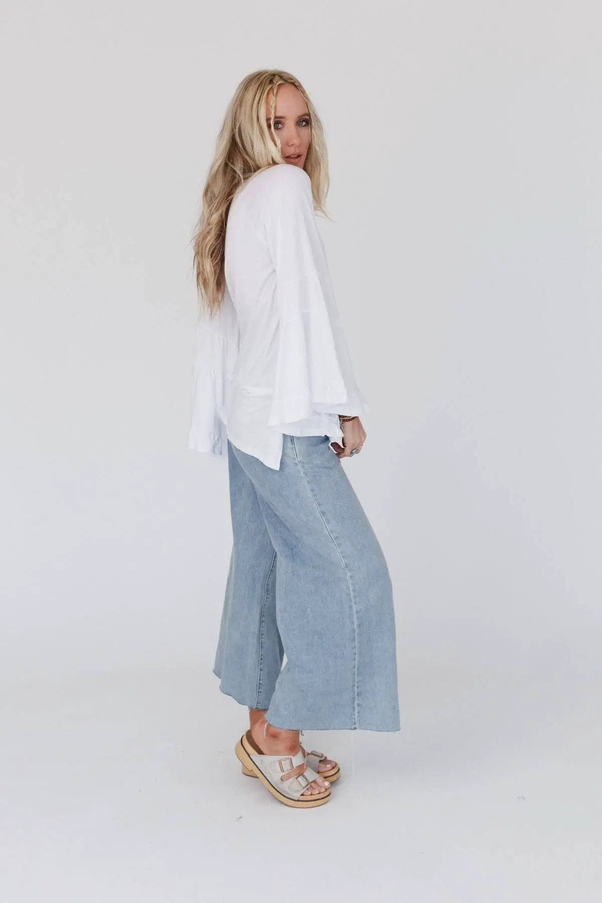 Three Bird Nest Three Bird Nest - Bell Sleeve Baseball Tee - White - Blouses tops-blouses