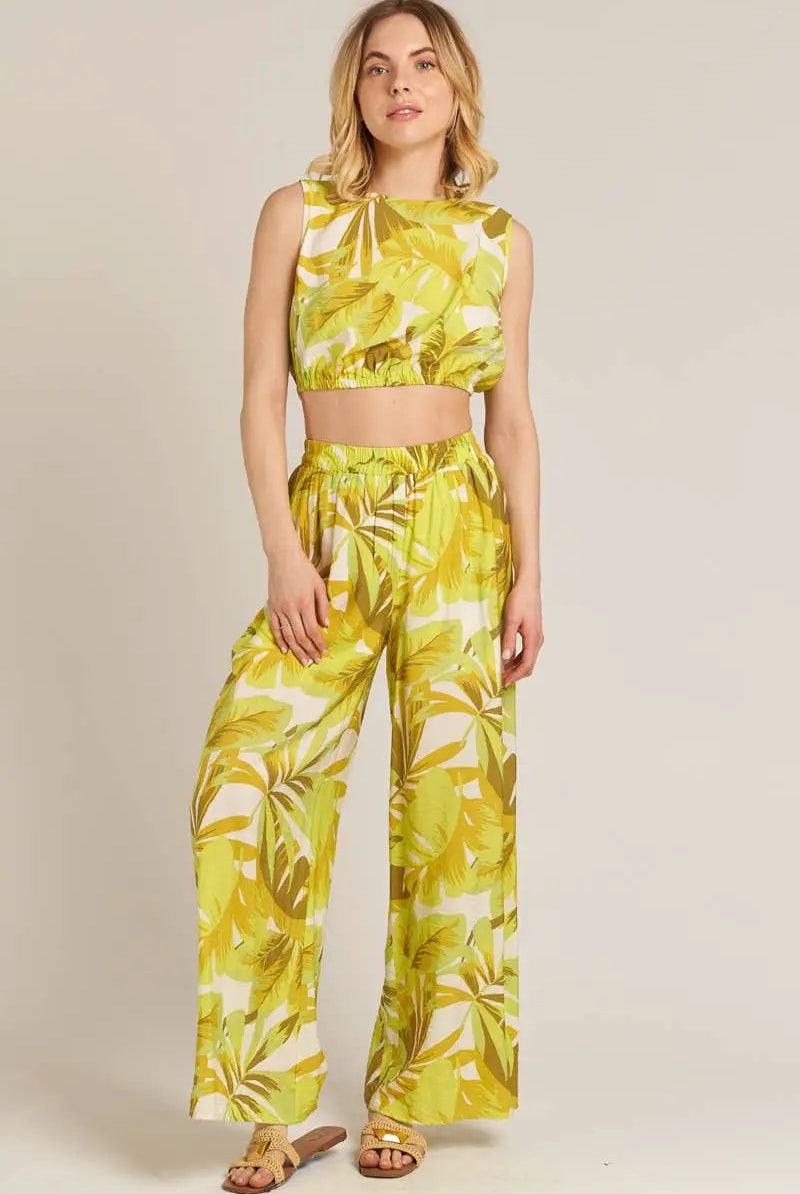 En Crème En Crème Multi Lime Printed Cropped Top and Wide Leg Pants Set - Outfit Sets crop top and wide leg pants set