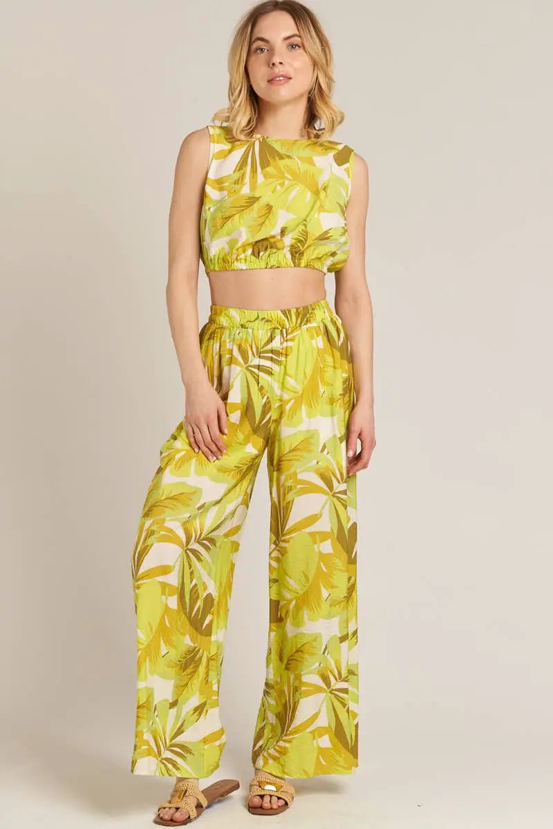 En Crème En Crème Multi Lime Printed Cropped Top and Wide Leg Pants Set - Outfit Sets crop top and wide leg pants set