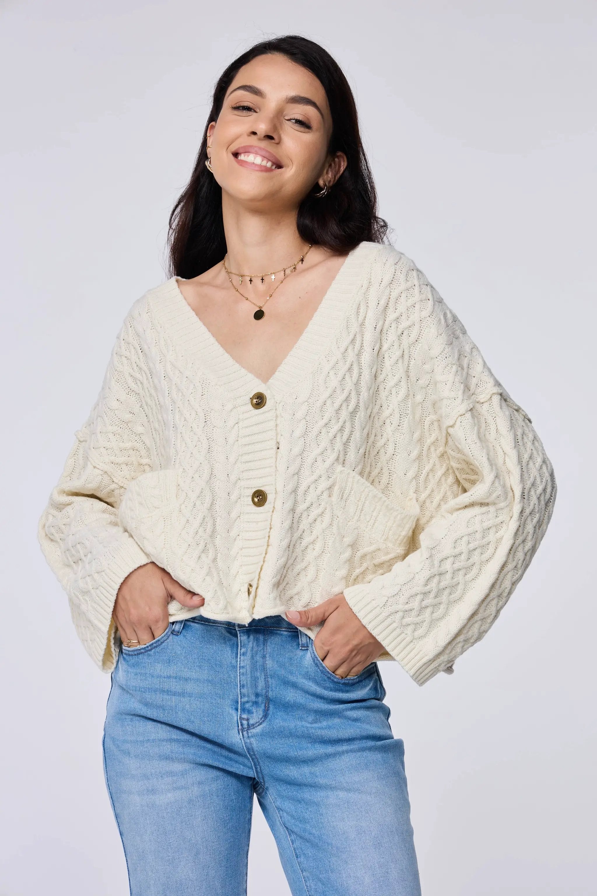 Lovesoft Lovesoft - 100% Acrylic Relaxed Cozy Cable Knit Cardigan - Apricot - Cardigans