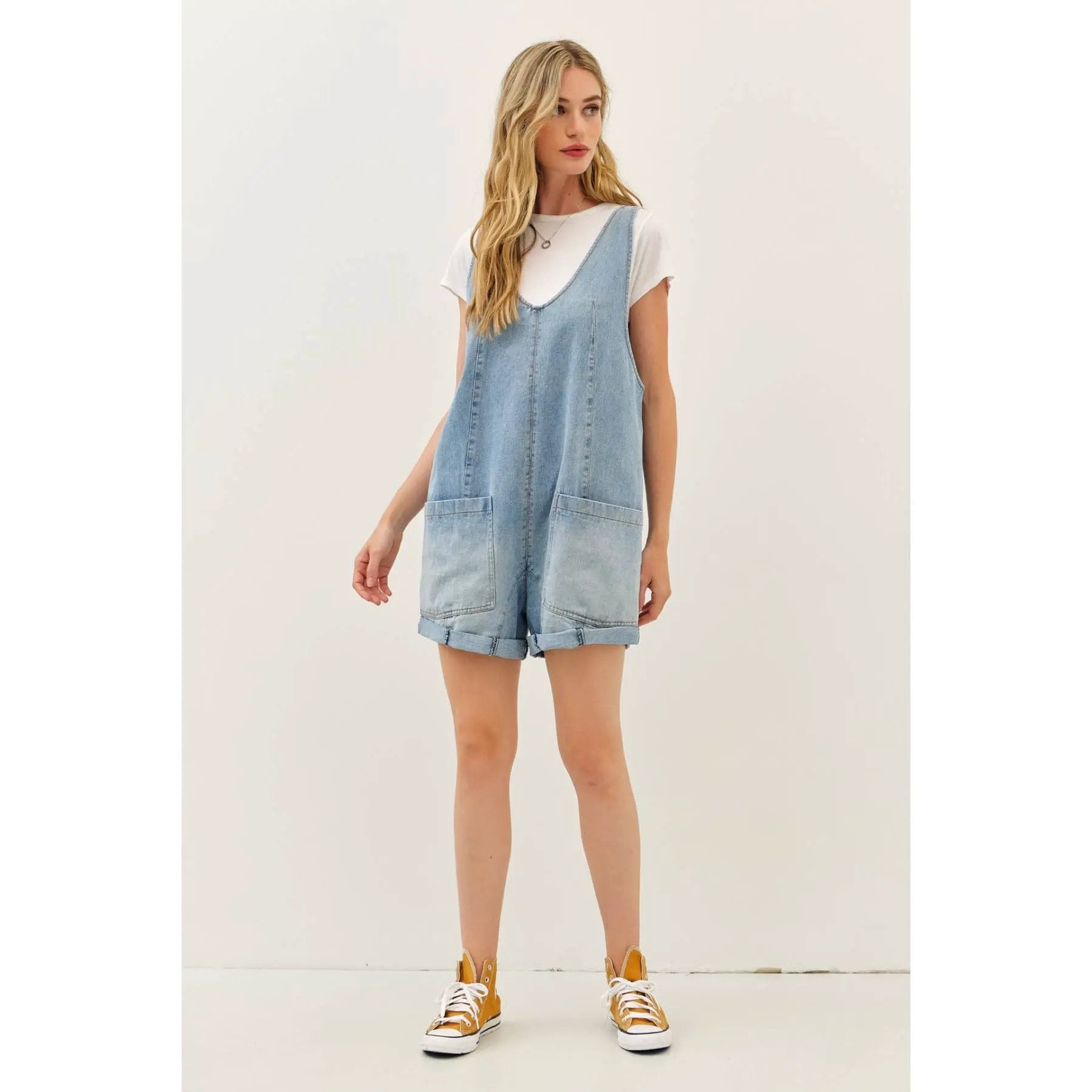 idem ditto RELAXED FIT WASHED DENIM ROMPER WITH FRONT POCKETS - One-Pieces