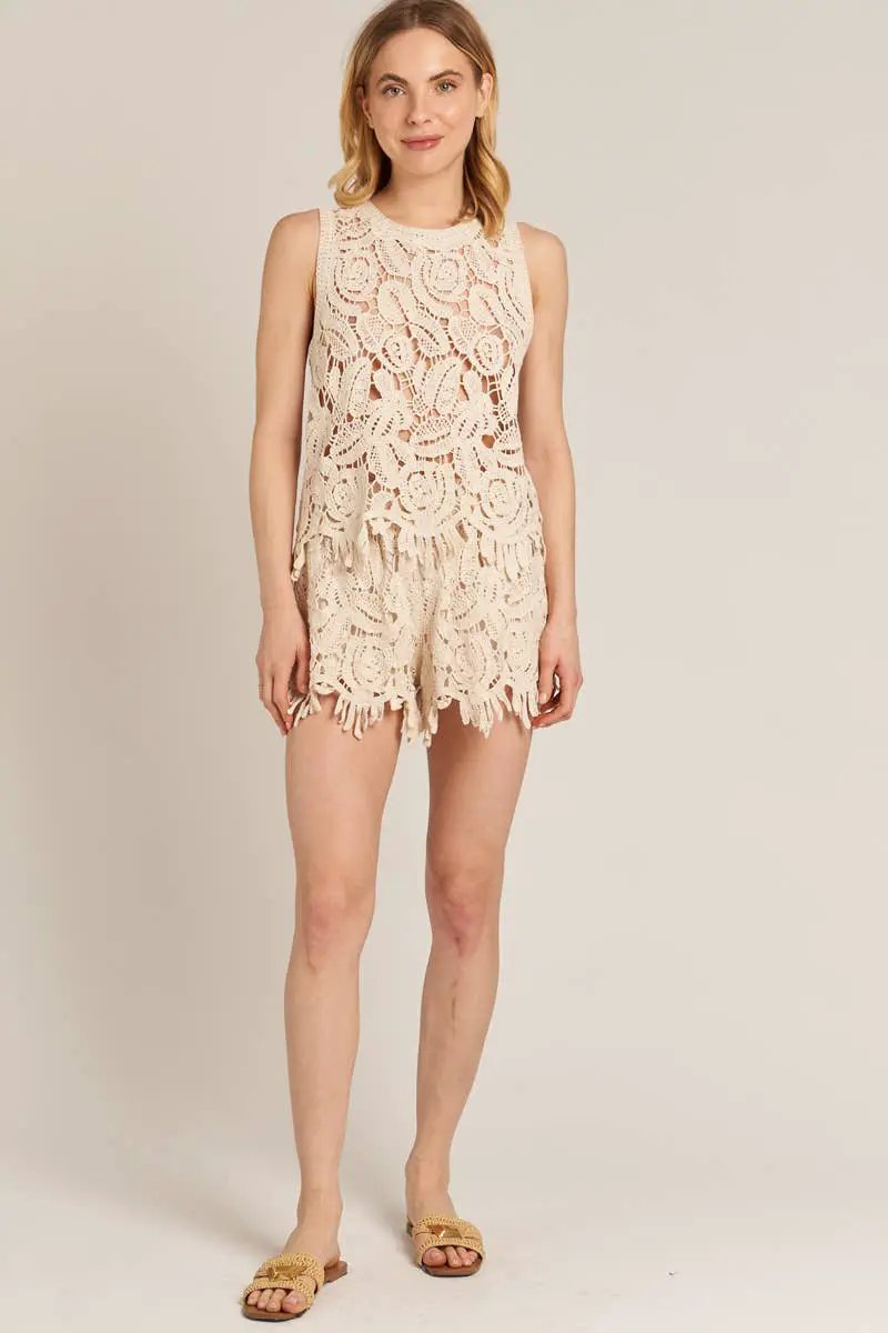 En Crème En Crème Sleeveless Beige Crochet Top and Shorts Set - Outfit Sets