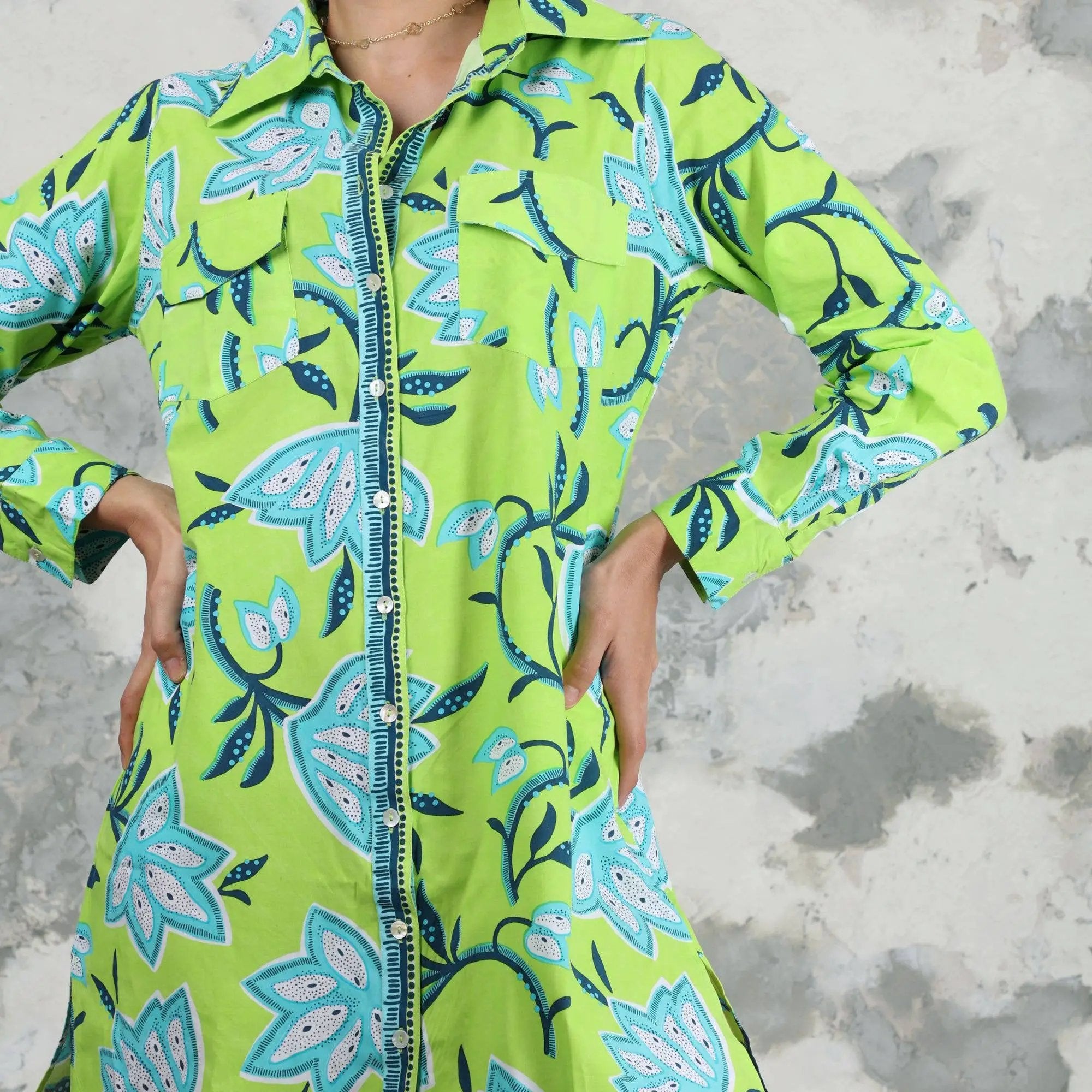Avani Del Amour Avani Del Amour Lime Green Dancing Flower Long Sleeve Missy Shirt Dress - Dresses