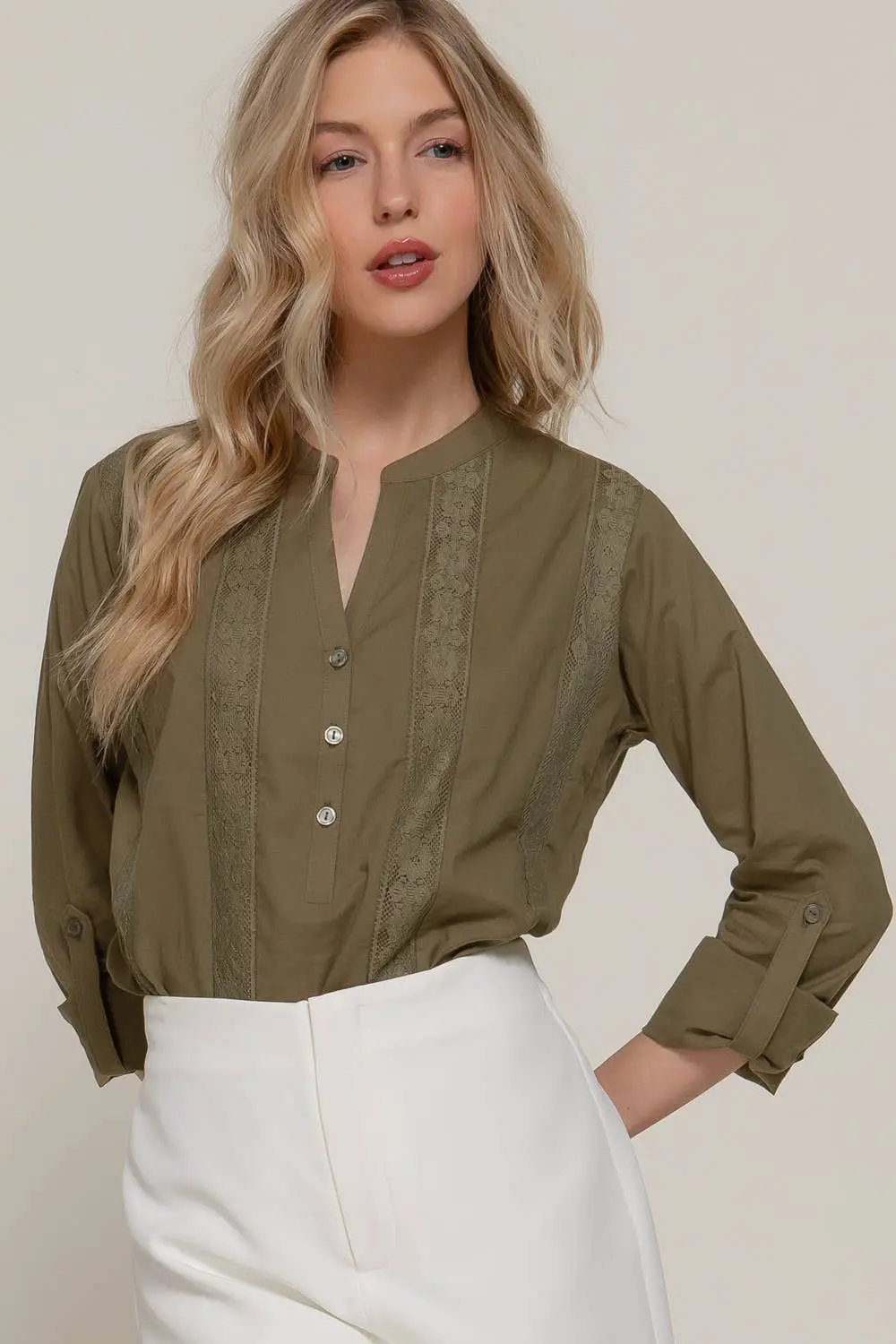 Active Basic | Active USA Active Basic | Active USA - Light Olive Long Sleeve Lace Panel Woven Blouse - Blouses
